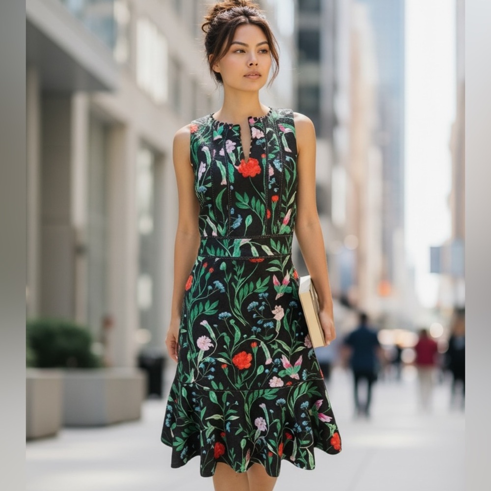 Kate Spade New York Jacquard Jardin Tile Black Hummingbird Floral Midi Dress